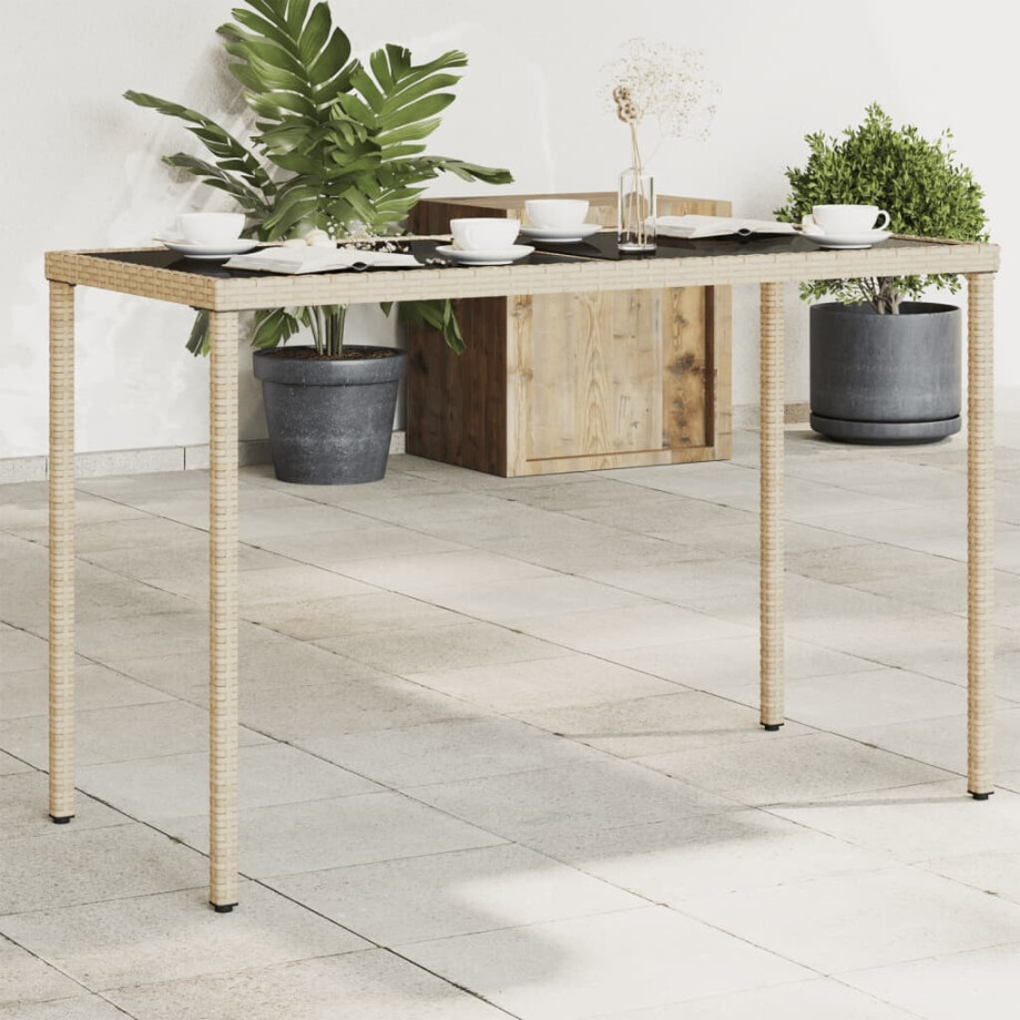 vidaXL Tuintafel met glazen blad 115x54x74 cm poly rattan beige afbeelding 1