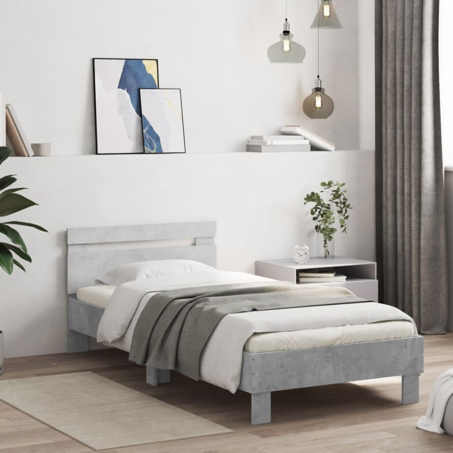 vidaXL Bedframe met hoofdbord bewerkt hout betongrijs 75x190 cm afbeelding 1