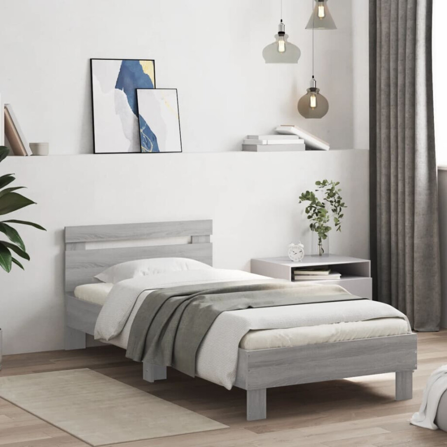 vidaXL Bedframe met hoofdbord bewerkt hout grijs sonoma 75x190 cm afbeelding 1