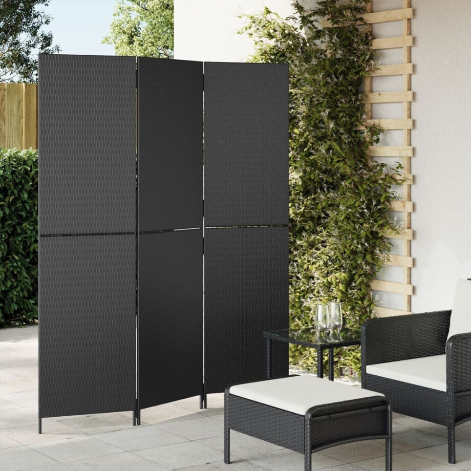 vidaXL Kamerscherm 3 panelen poly rattan zwart afbeelding 1