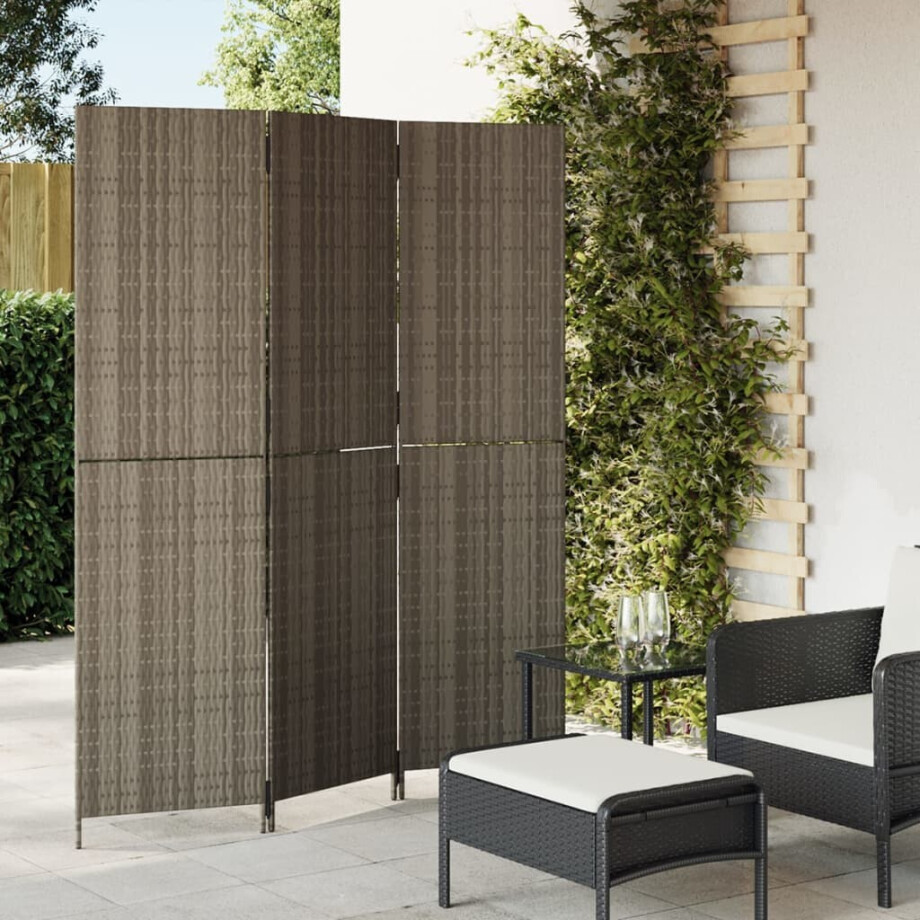 vidaXL Kamerscherm 3 panelen poly rattan grijs afbeelding 1