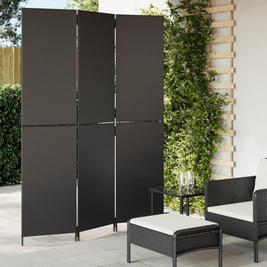 vidaXL Kamerscherm 3 panelen poly rattan zwart afbeelding 1