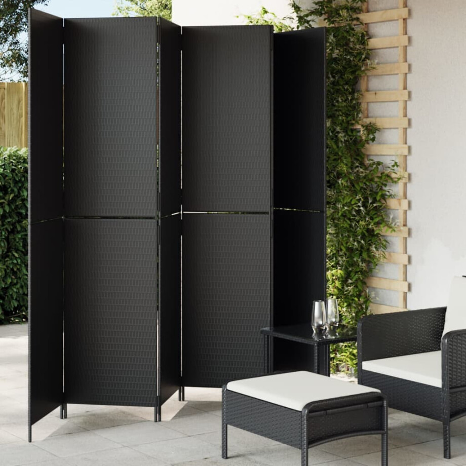 vidaXL Kamerscherm 6 panelen poly rattan zwart afbeelding 1