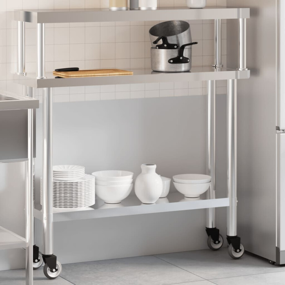 vidaXL Keukenwerktafel met bovenschap 110x30x120 cm roestvrij staal afbeelding 
