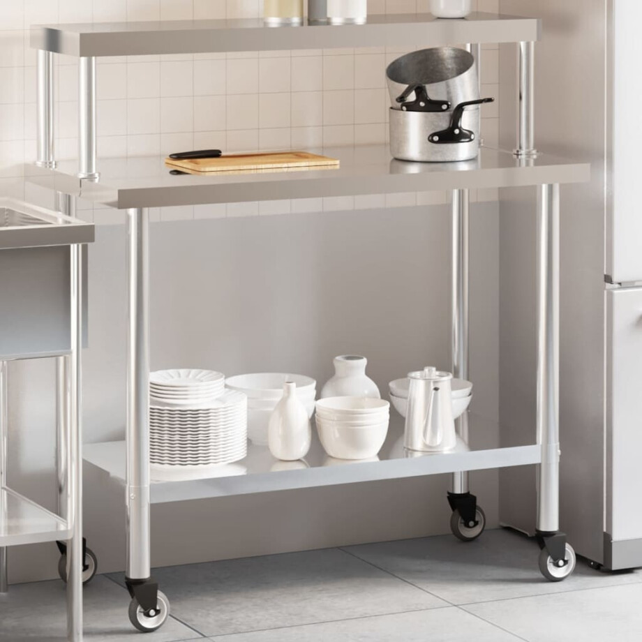 vidaXL Keukenwerktafel met bovenschap 110x55x120 cm roestvrij staal afbeelding 