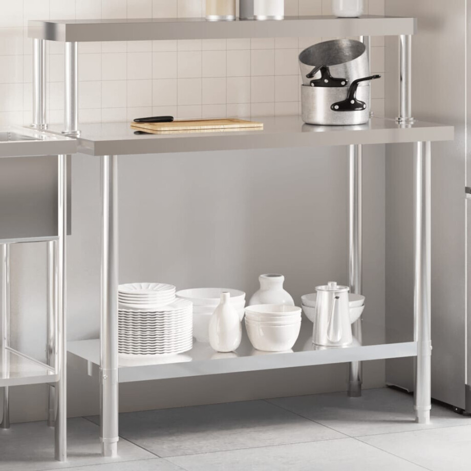 vidaXL Keukenwerktafel met bovenschap 110x55x120 cm roestvrij staal afbeelding 