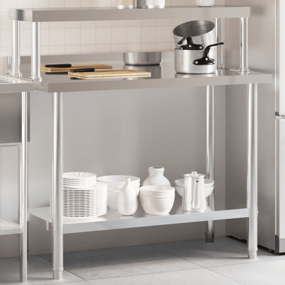 vidaXL Keukenwerktafel met bovenschap 110x55x120 cm roestvrij staal afbeelding 