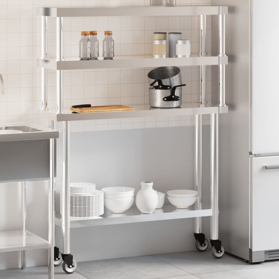 vidaXL Keukenwerktafel met bovenschap 110x30x150 cm roestvrij staal afbeelding 