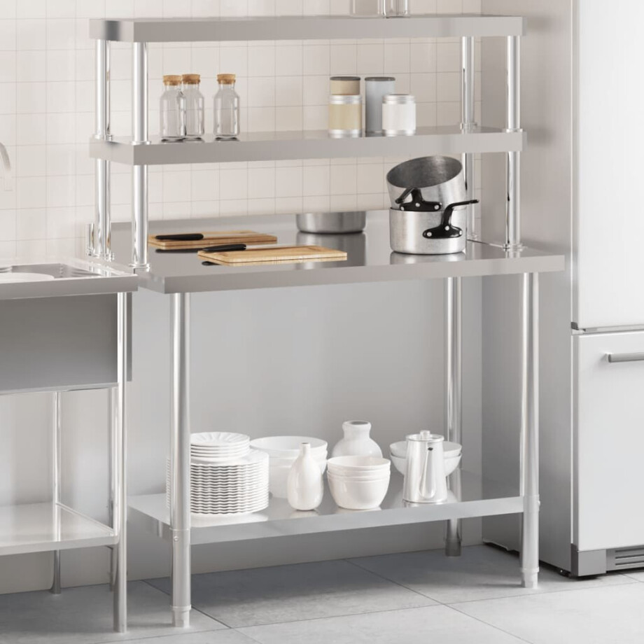 vidaXL Keukenwerktafel met bovenschap 110x55x150 cm roestvrij staal afbeelding 