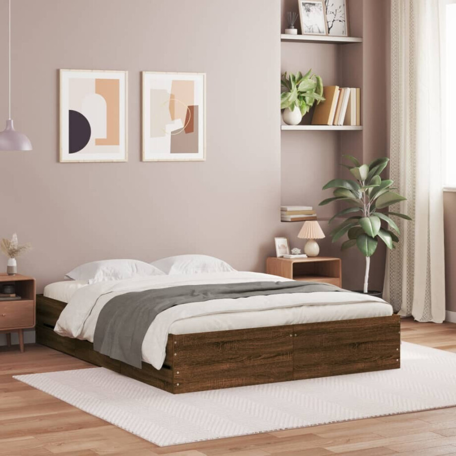 vidaXL Bedframe met lades bewerkt hout bruin eikenkleur 140x200 cm vidaXL Bedframe met lades bewerkt hout bruin eikenkleur 140x200 cm afbeelding 1