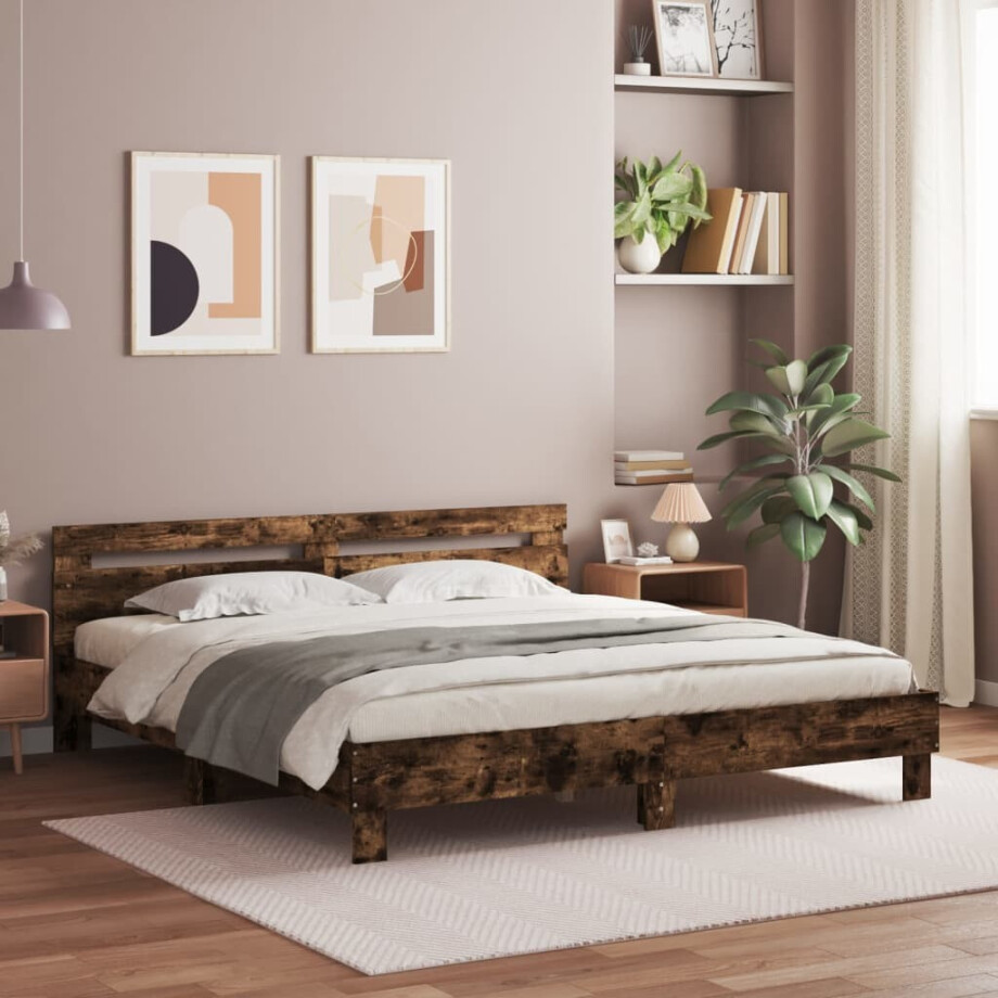vidaXL Bedframe met hoofdeinde bewerkt hout gerookt eiken 200x200 cm afbeelding 1