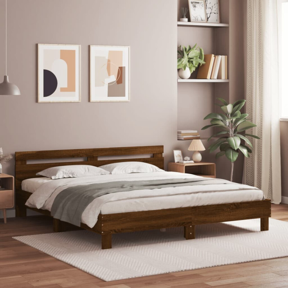 vidaXL Bedframe met hoofdeinde bewerkt hout bruineikenkleur 200x200 cm afbeelding 1