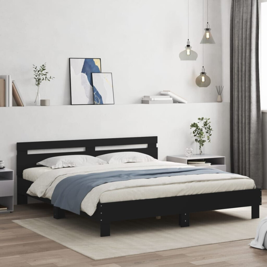 vidaXL Bedframe met hoofdbord bewerkt hout zwart 160x200 cm afbeelding 1
