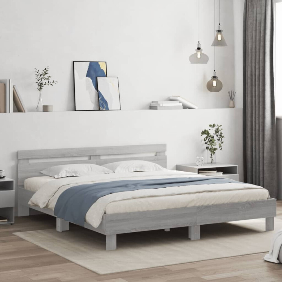 vidaXL Bedframe met hoofdeinde bewerkt hout grijs sonoma 160x200 cm afbeelding 1