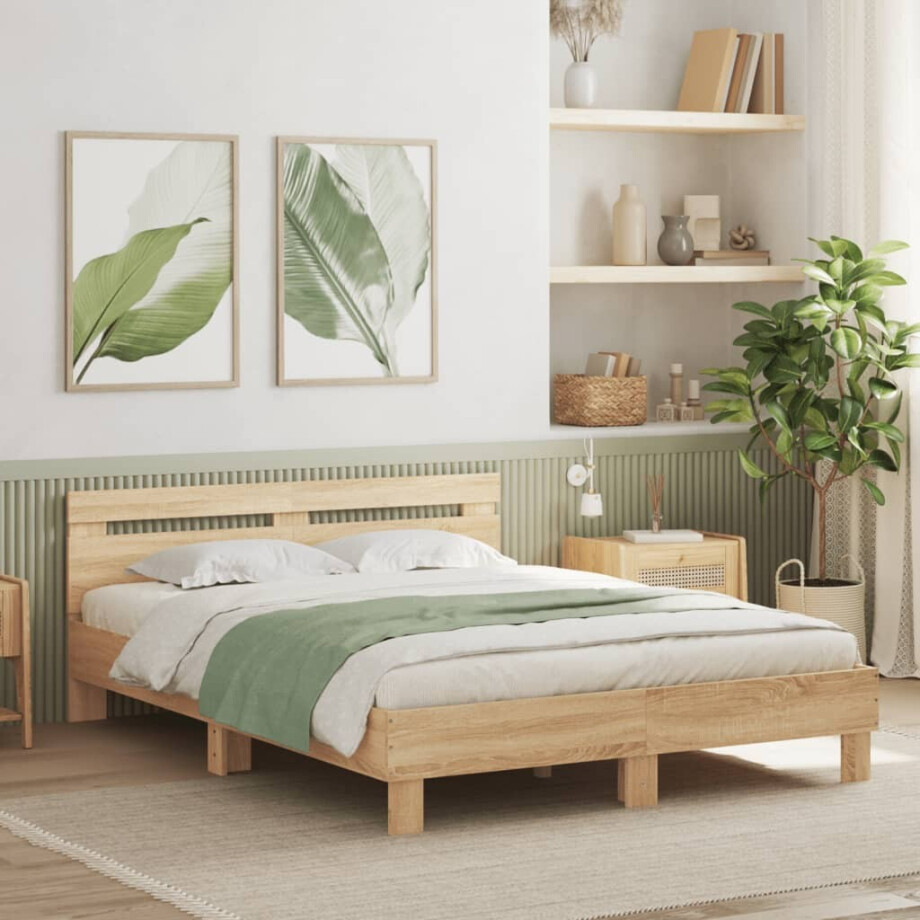 vidaXL Bedframe met hoofdeinde bewerkt hout sonoma eiken 150x200 cm afbeelding 1