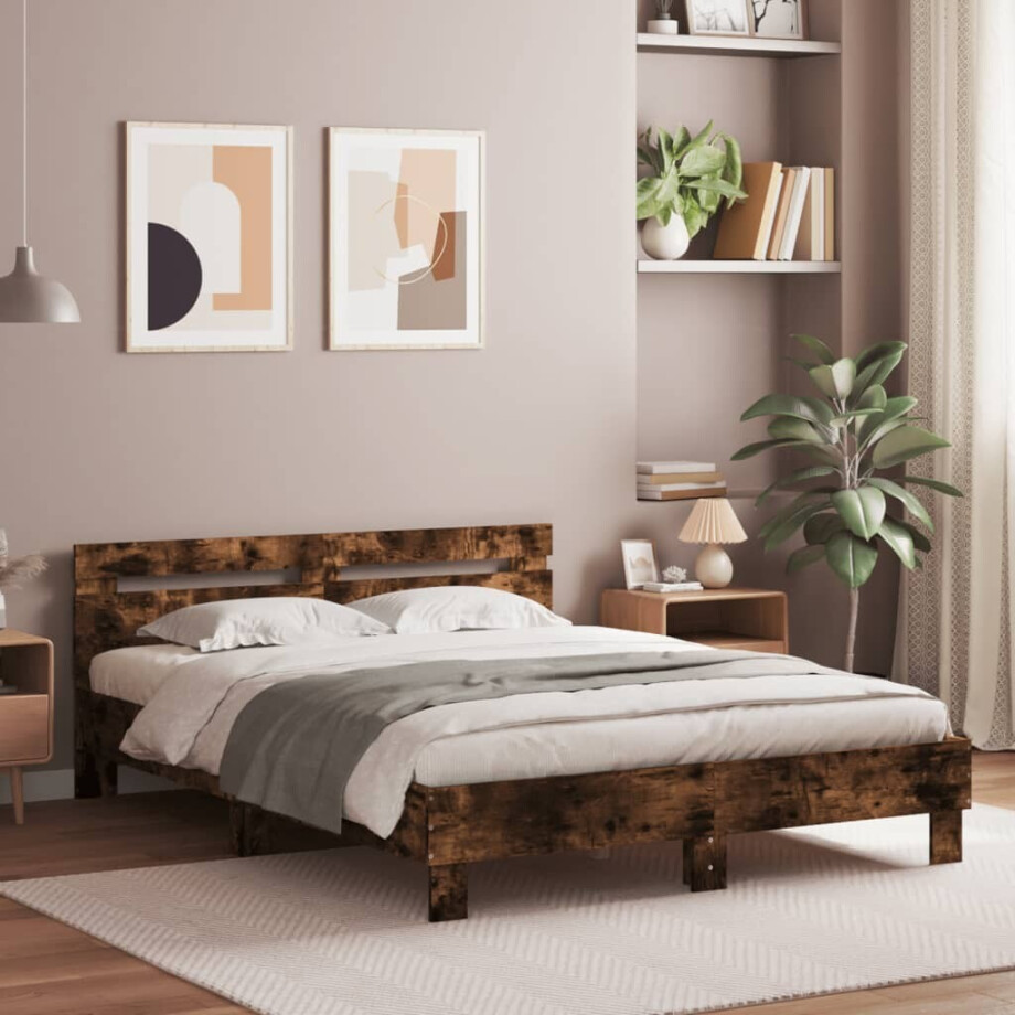 vidaXL Bedframe met hoofdeinde bewerkt hout gerookt eiken 150x200 cm afbeelding 1