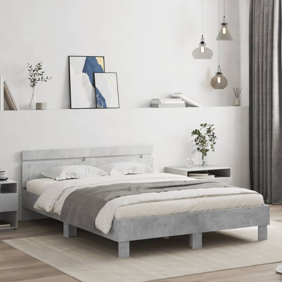 vidaXL Bedframe met hoofdeinde bewerkt hout betongrijs 140x190 cm afbeelding 1