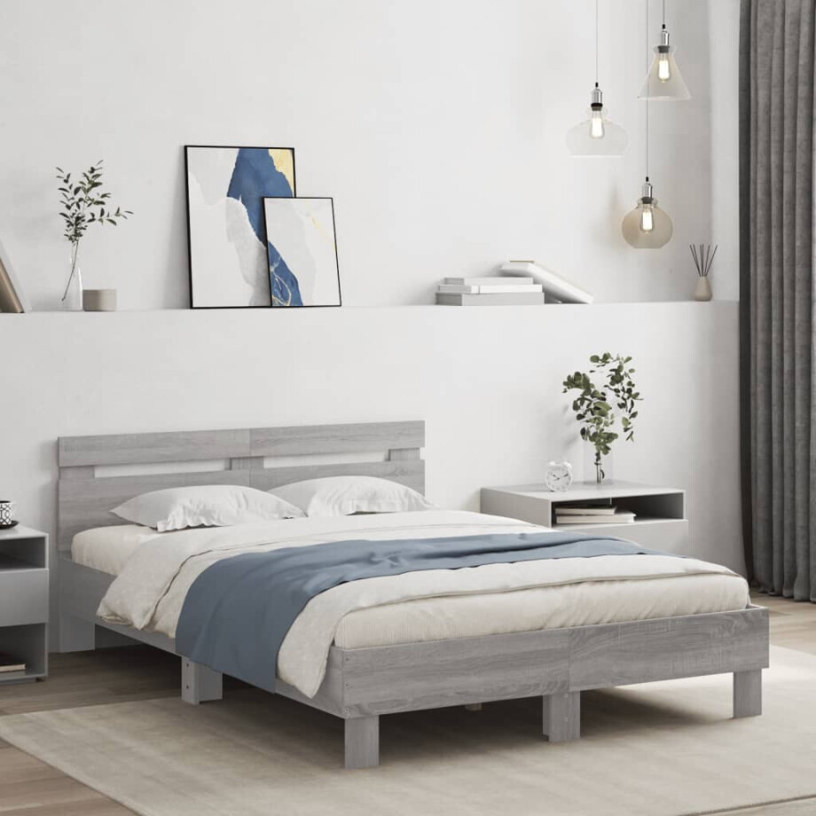 vidaXL Bedframe met hoofdeinde grijs sonoma eiken 135x190 cm vidaXL Bedframe met hoofdeinde grijs sonoma eiken 135x190 cm afbeelding 1