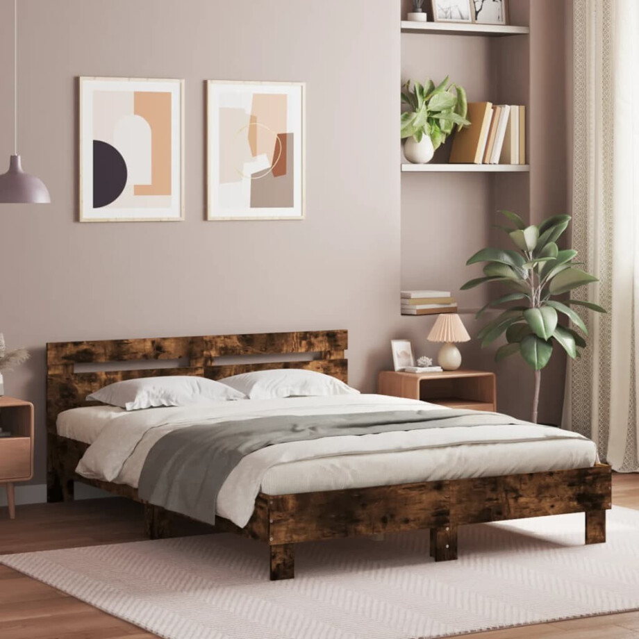 vidaXL Bedframe met hoofdeinde en LED gerookt eikenkleurig 140x200 cm afbeelding 1