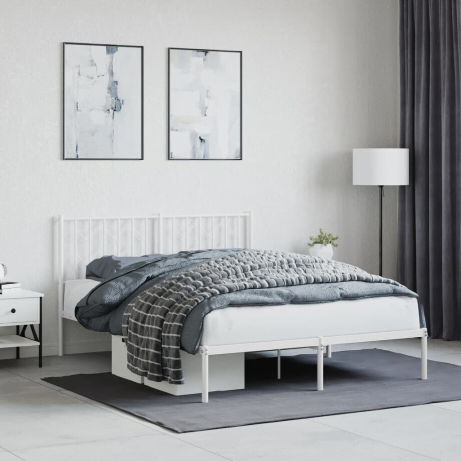 vidaXL Bedframe met hoofdbord metaal wit 135x190 cm afbeelding 1