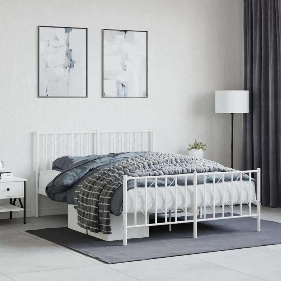 vidaXL Bedframe met hoofd- en voeteneinde metaal wit 135x190 cm afbeelding 1