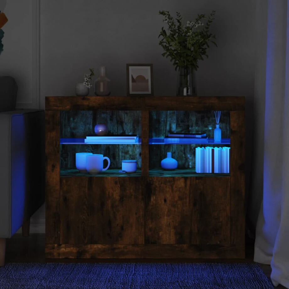 vidaXL Bijzetkastjes met LED 2 st bewerkt hout gerookt eikenkleurig afbeelding 1