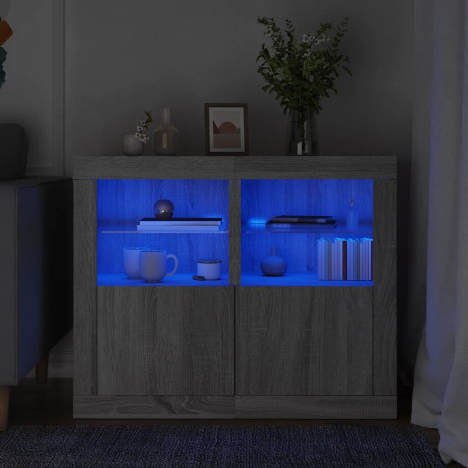 vidaXL Bijzetkastjes met LED 2 st bewerkt hout grijs sonoma eikenkleur afbeelding 1