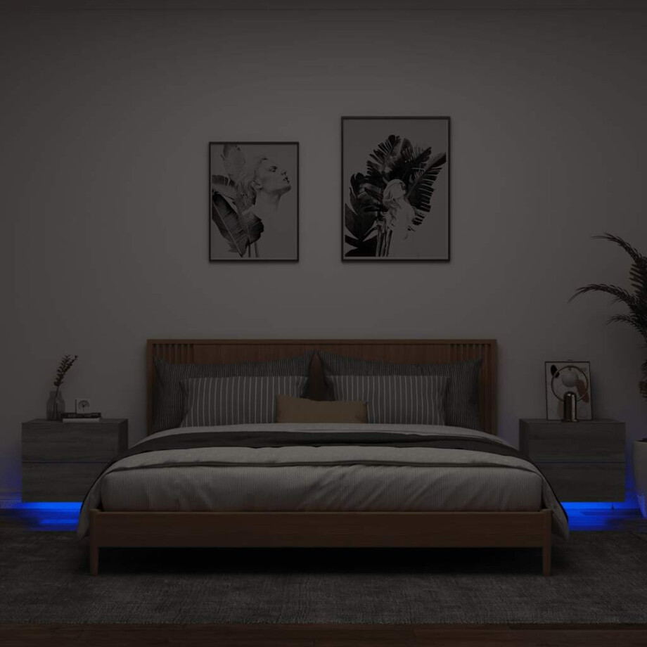 vidaXL Nachtkastjes met LED's 2 st wandgemonteerd grijs sonoma eiken afbeelding 1