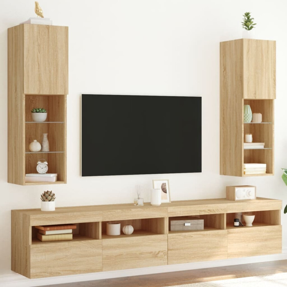 vidaXL Tv-meubels met LED-verlichting 2 st 30,5x30x102 cm sonoma eiken vidaXL Tv-meubels met LED-verlichting 2 st 30,5x30x102 cm sonoma eiken afbeelding 1