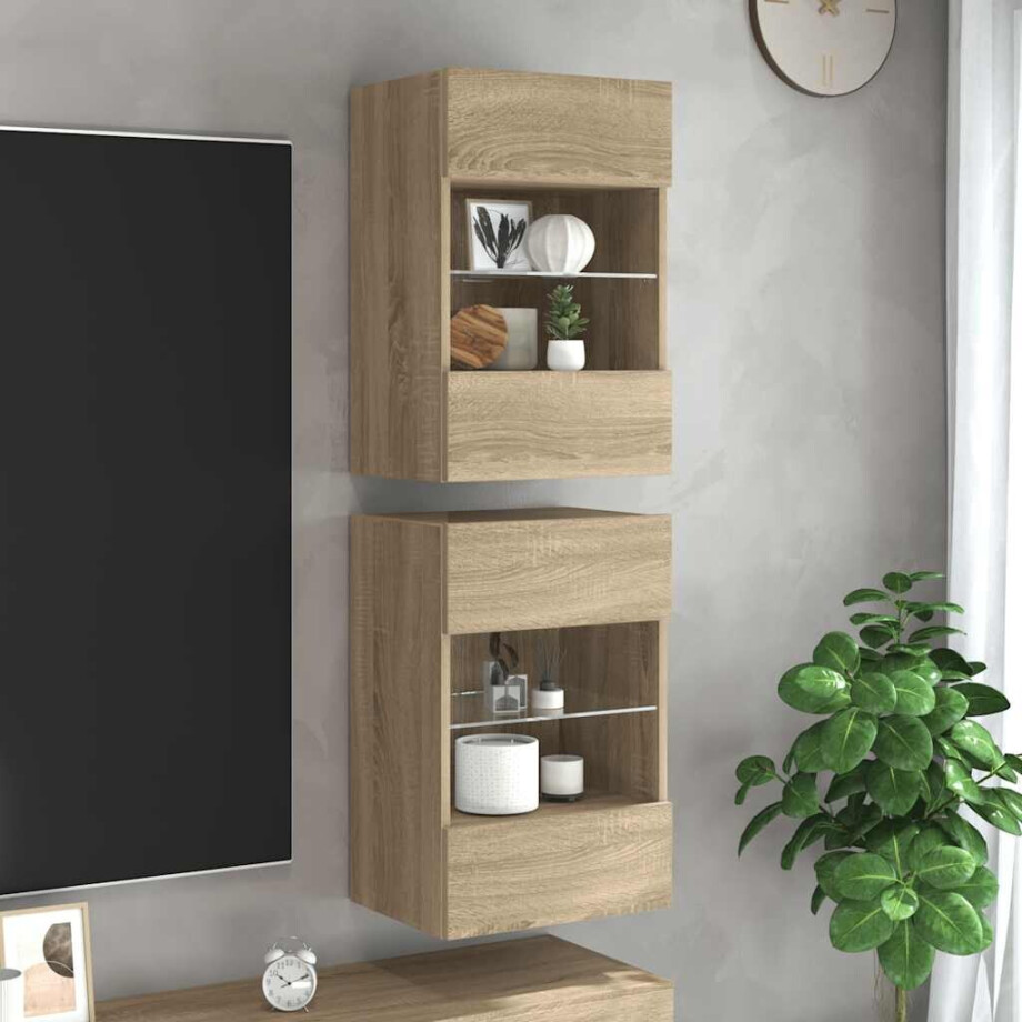 vidaXL Wandkasten met LED-verlichting voor tv 2 st 40x30x60,5 cm sonoma eikenkleurig afbeelding 1
