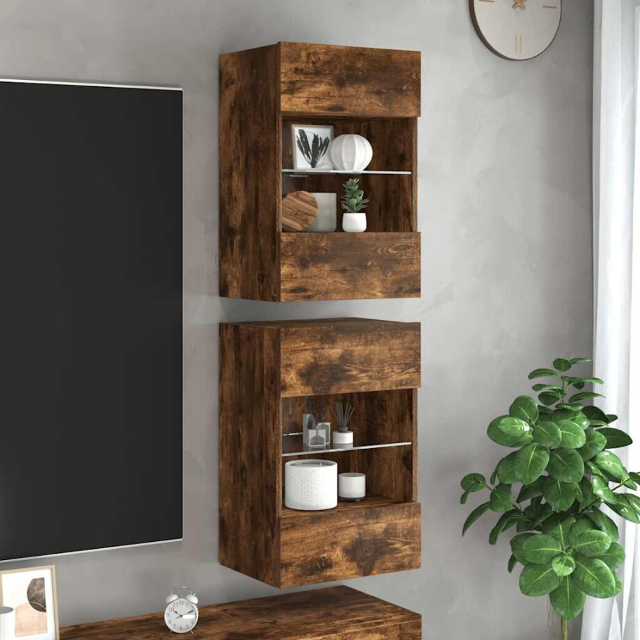 vidaXL Wandkasten met LED-verlichting voor tv 2 st 40x30x60,5 cm gerookt eikenkleurig afbeelding 1