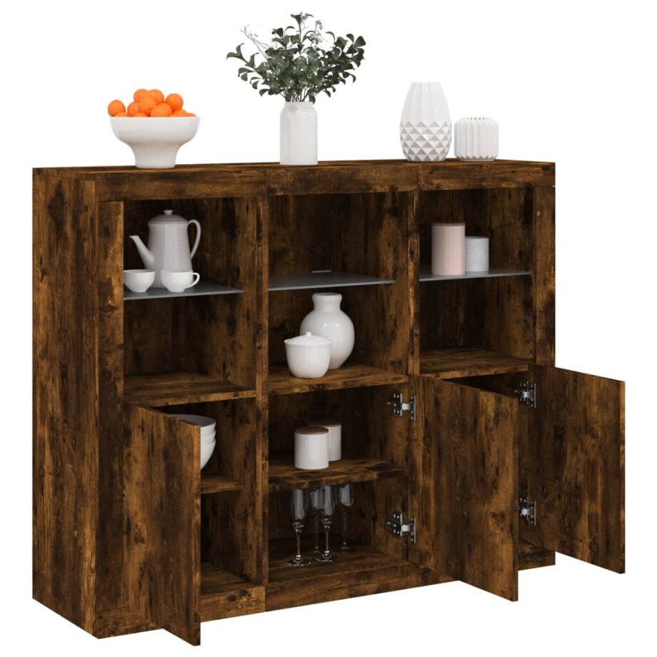 vidaXL Dressoirs met LED-verlichting 3 st bewerkt hout gerookt eiken afbeelding 1
