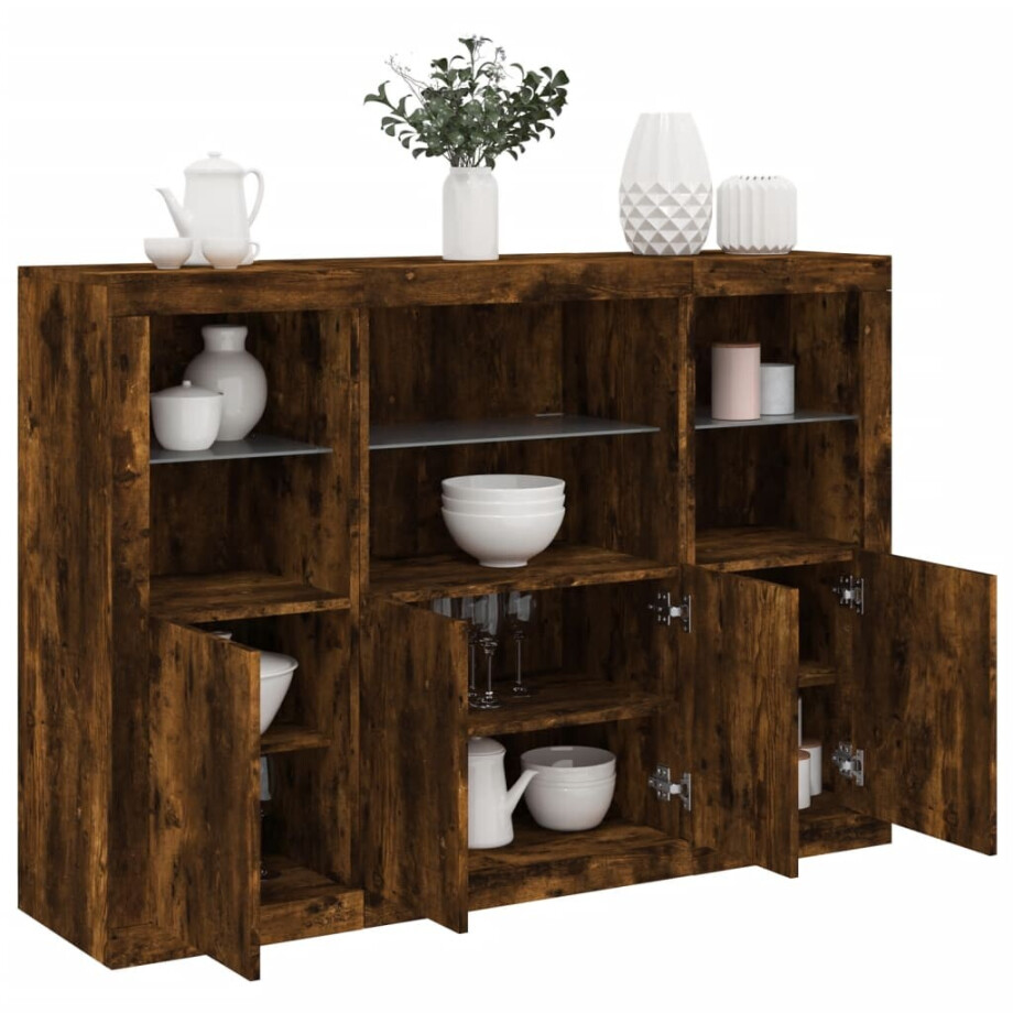 vidaXL Dressoirs met LED-verlichting 3 st bewerkt hout gerookt eiken afbeelding 1