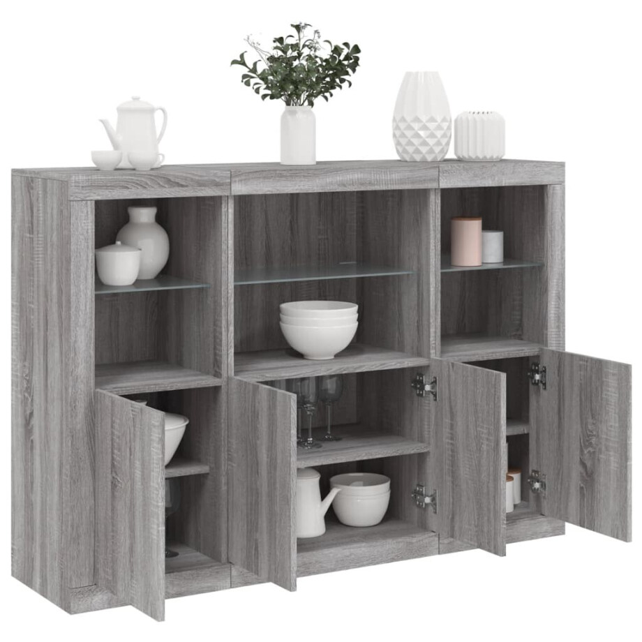 vidaXL Dressoirs met LED-verlichting 3 st bewerkt hout grijs sonoma afbeelding 1
