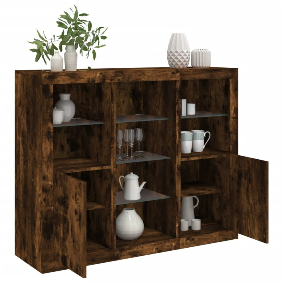 vidaXL Dressoirs met LED-verlichting 3 st bewerkt hout gerookt eiken afbeelding 1