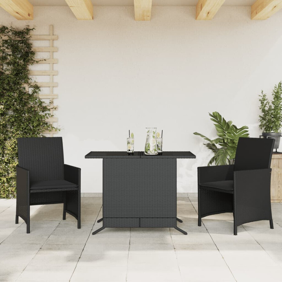 vidaXL 3-delige Bistroset met kussens poly rattan zwart vidaXL 3-delige Bistroset met kussens poly rattan zwart afbeelding 1