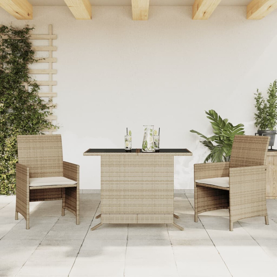 vidaXL 3-delige Bistroset met kussens poly rattan beige afbeelding 1
