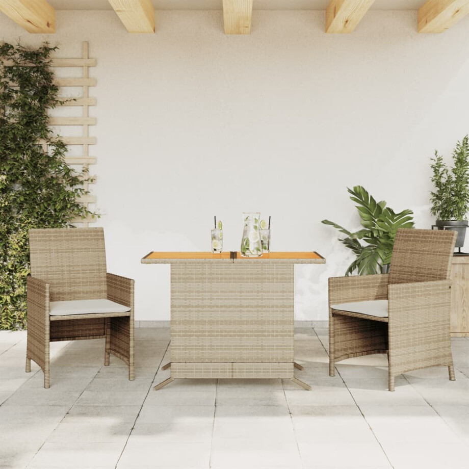 vidaXL 3-delige Bistroset met kussens poly rattan beige afbeelding 1
