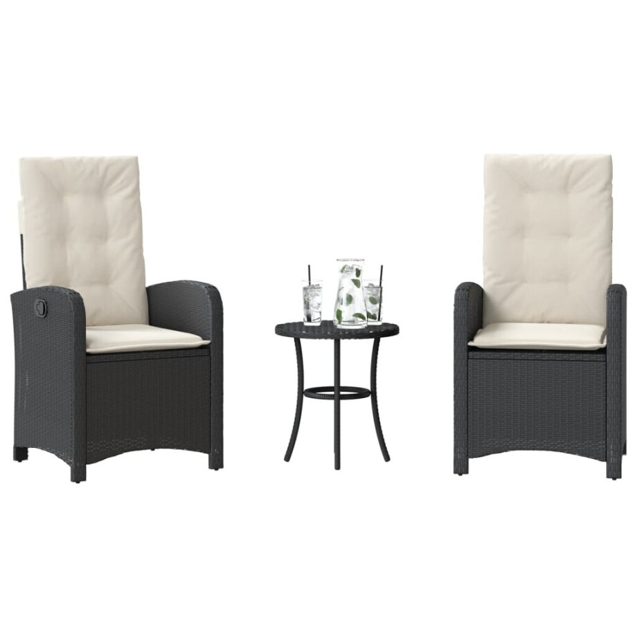vidaXL 3-delige Bistroset met kussens poly rattan zwart afbeelding 1