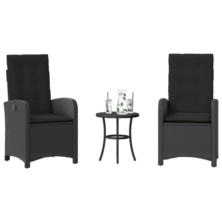vidaXL 3-delige Bistroset met kussens poly rattan zwart afbeelding 1
