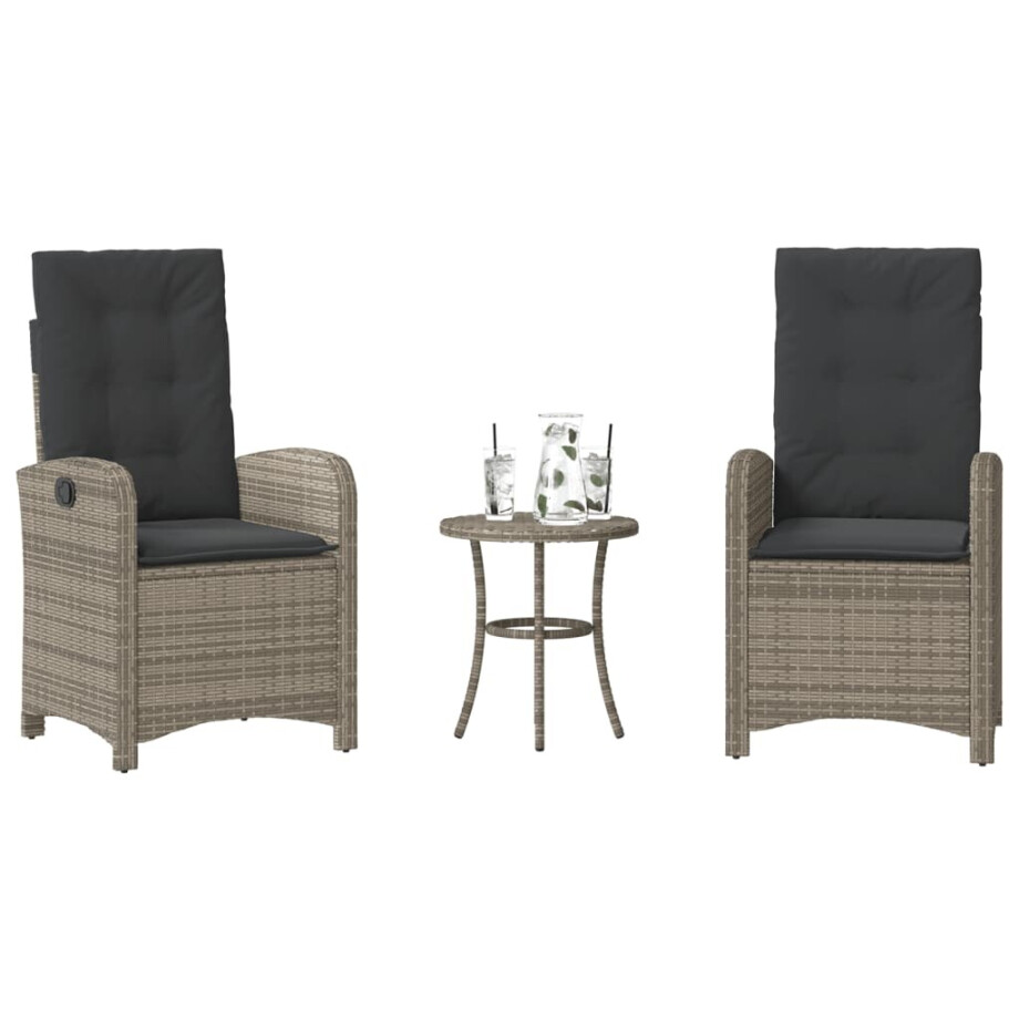 vidaXL 3-delige Bistroset met kussens poly rattan grijs vidaXL 3-delige Bistroset met kussens poly rattan grijs afbeelding 1