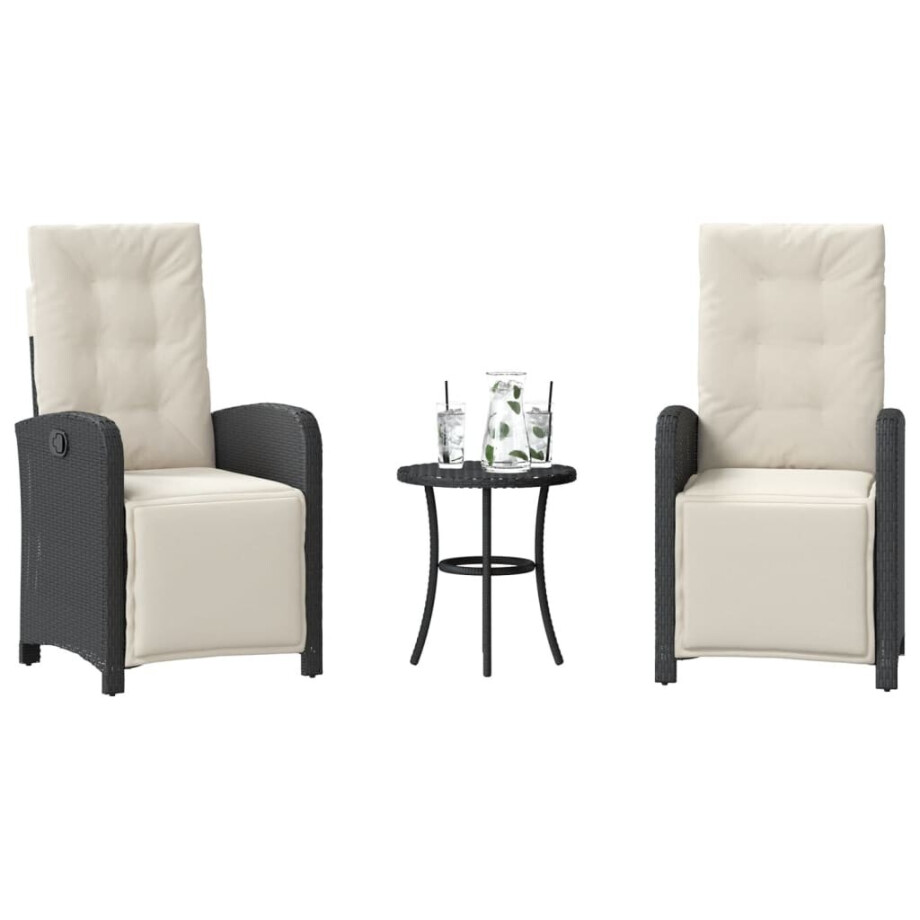 vidaXL 3-delige Bistroset met kussens poly rattan zwart afbeelding 1