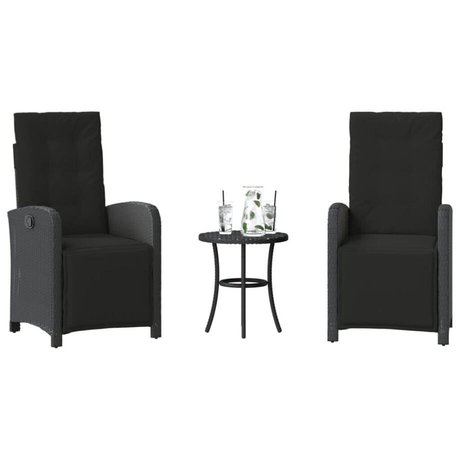 vidaXL 3-delige Bistroset met kussens poly rattan zwart afbeelding 1