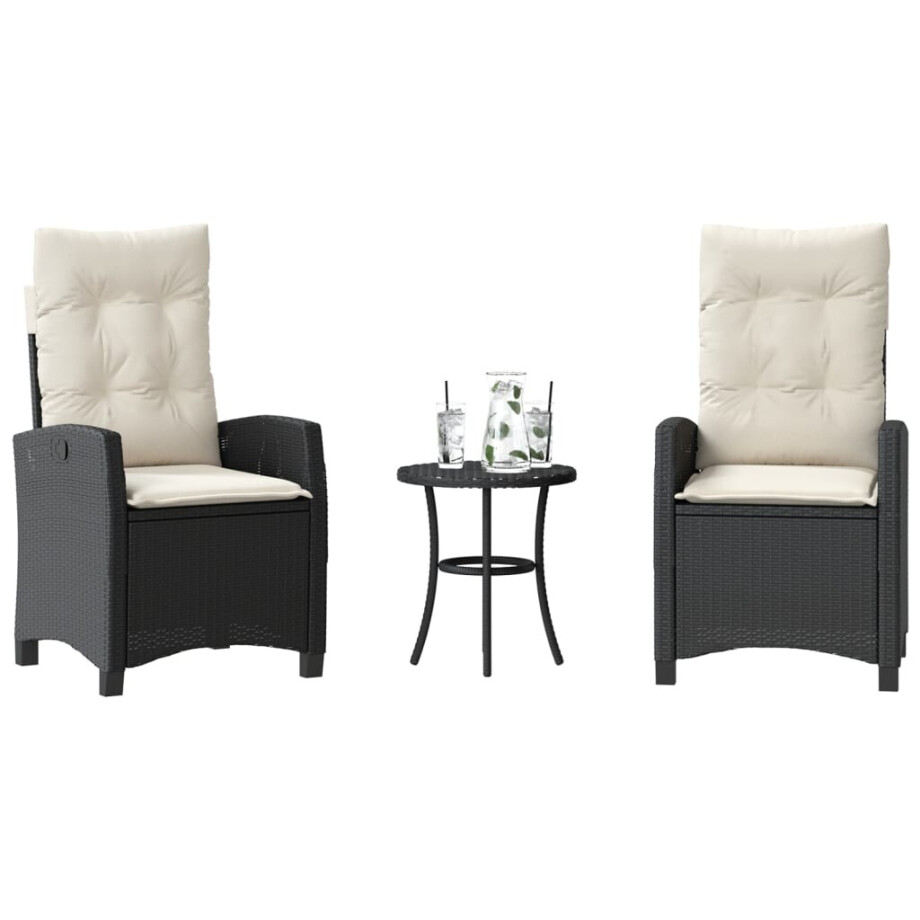 vidaXL 3-delige Bistroset met kussens poly rattan zwart afbeelding 1