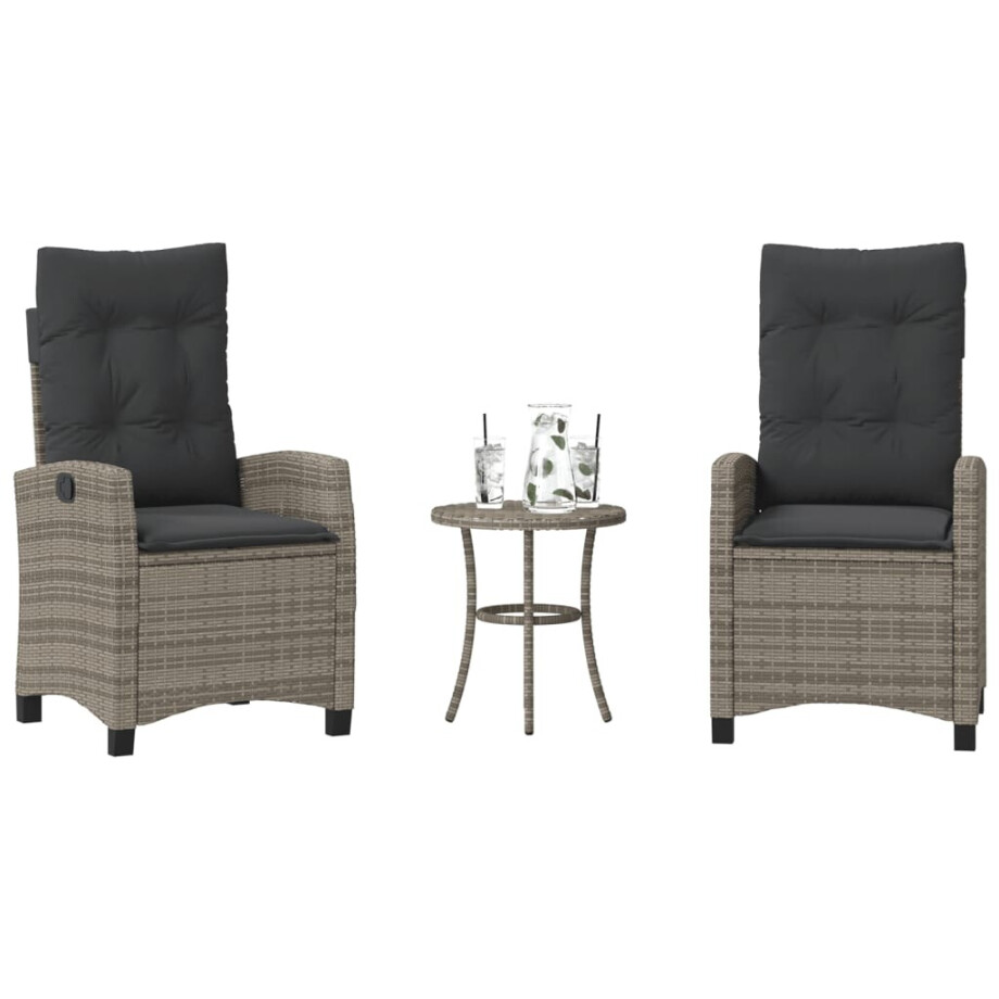 vidaXL 3-delige Bistroset met kussens poly rattan grijs afbeelding 1