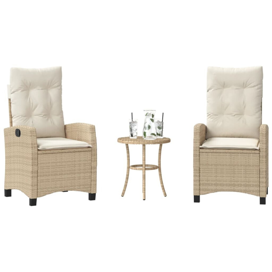 vidaXL 3-delige Bistroset met kussens poly rattan beige afbeelding 1