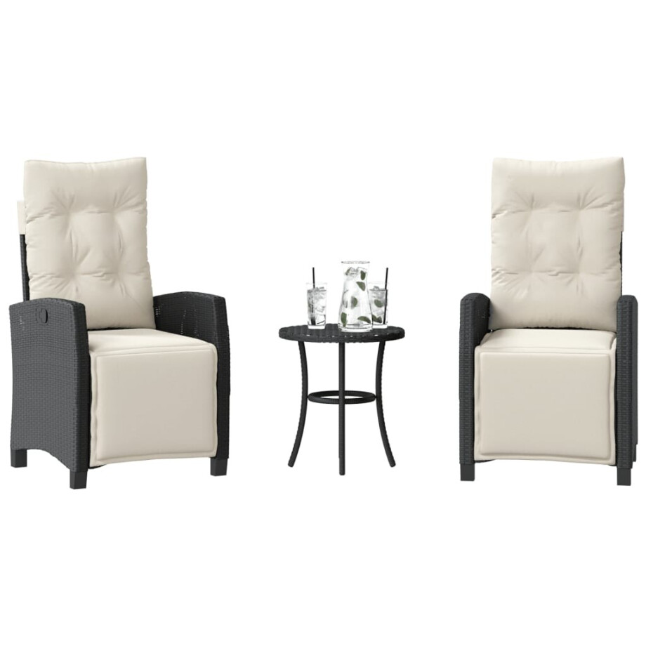 vidaXL 3-delige Bistroset met kussens poly rattan zwart afbeelding 1