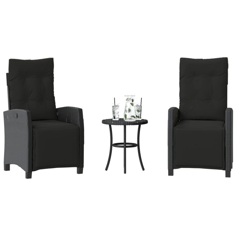 vidaXL 3-delige Bistroset met kussens poly rattan zwart afbeelding 1