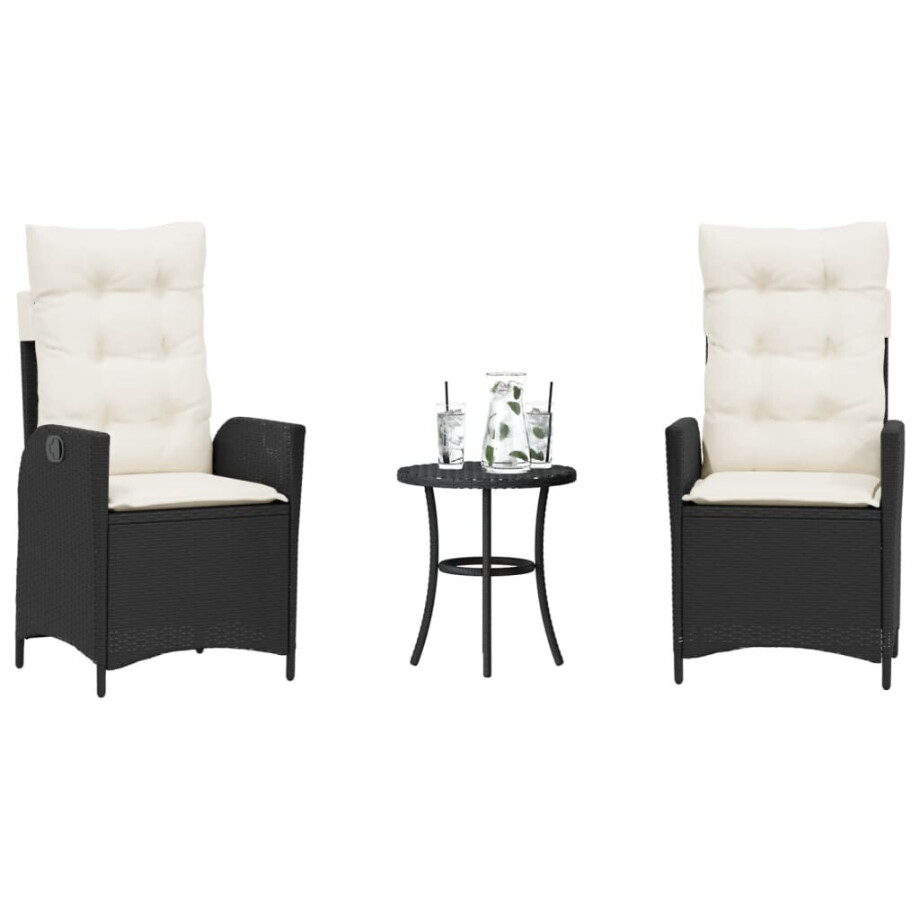 vidaXL 3-delige Bistroset met kussens poly rattan zwart afbeelding 1