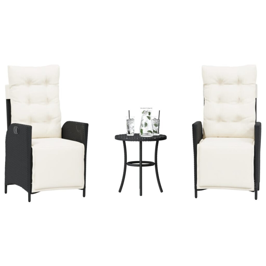 vidaXL 3-delige Bistroset met kussens poly rattan zwart afbeelding 1